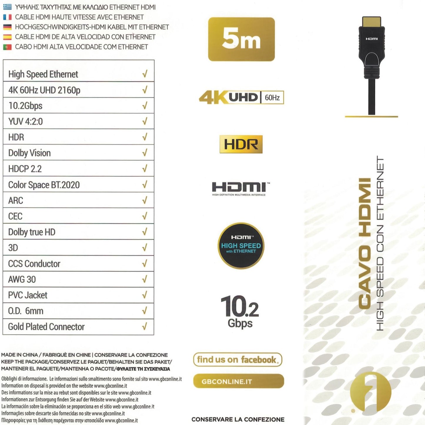 Câble HDMI iSnatch de 5 mètres, prend en charge 4K UHD à 60 Hz, haute vitesse 10,2 Gbit/s avec Ethernet, connecteurs plaqués or