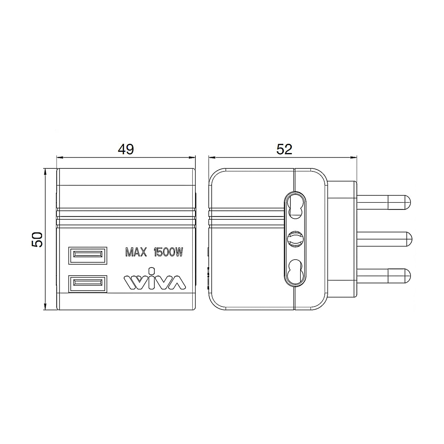 Wiva Cube Adapter Space-saving adapter with 2 16A 2P+T Standard Bipass sockets and two USB ports, Max 1500W