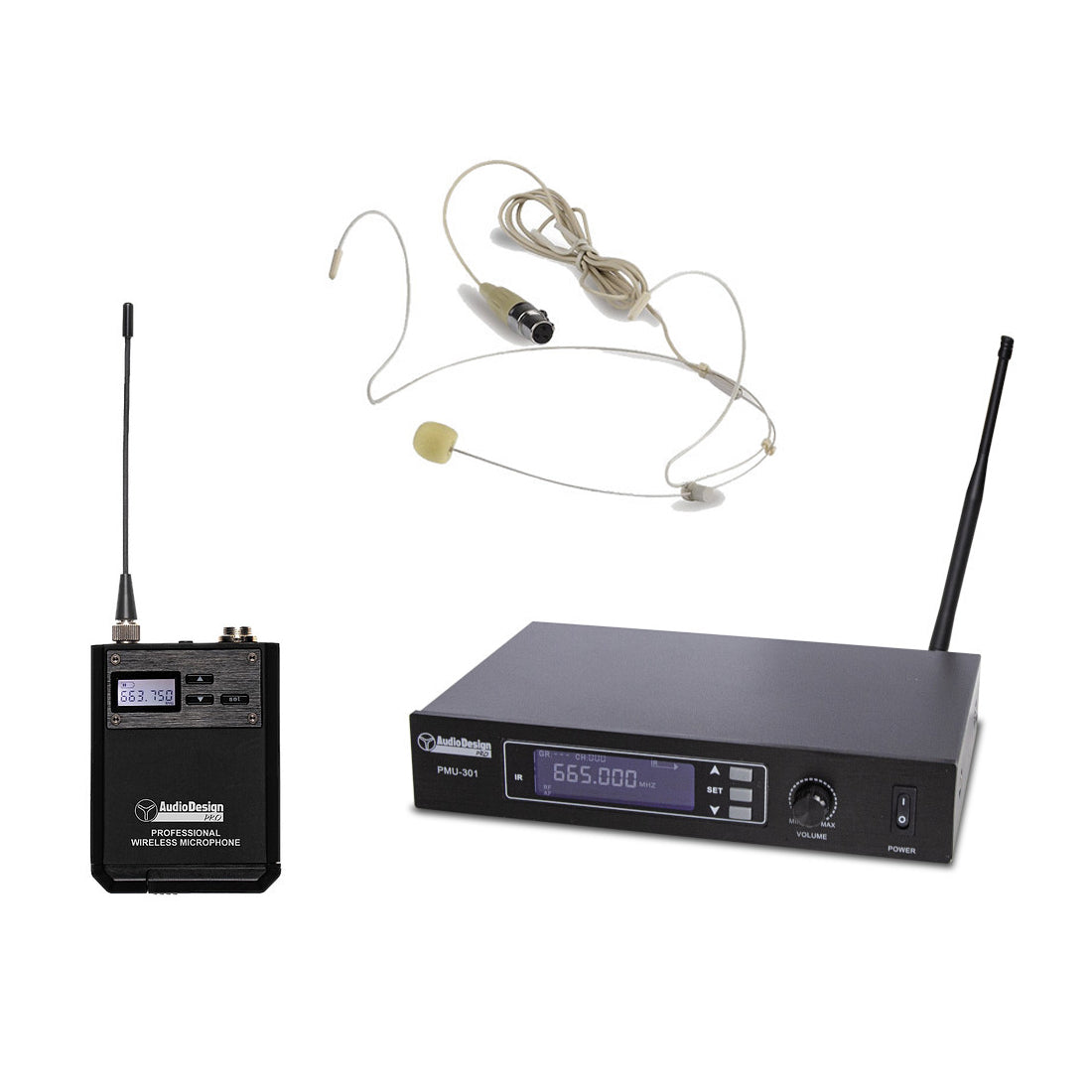 Audiodesign Pro Sistema wireless UHF a frequenza variabile, sistema microfonico wireless, Set ricevitore, body pack e microfono ad archetto