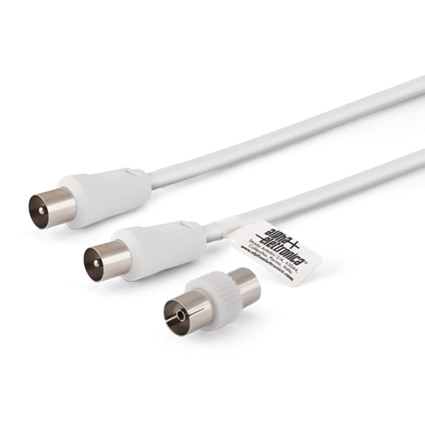 Alpha Elettronica Cavo coassiale da 2 metri con spina TV coax Ø9.5mm, adattatore F/F incluso, colore bianco