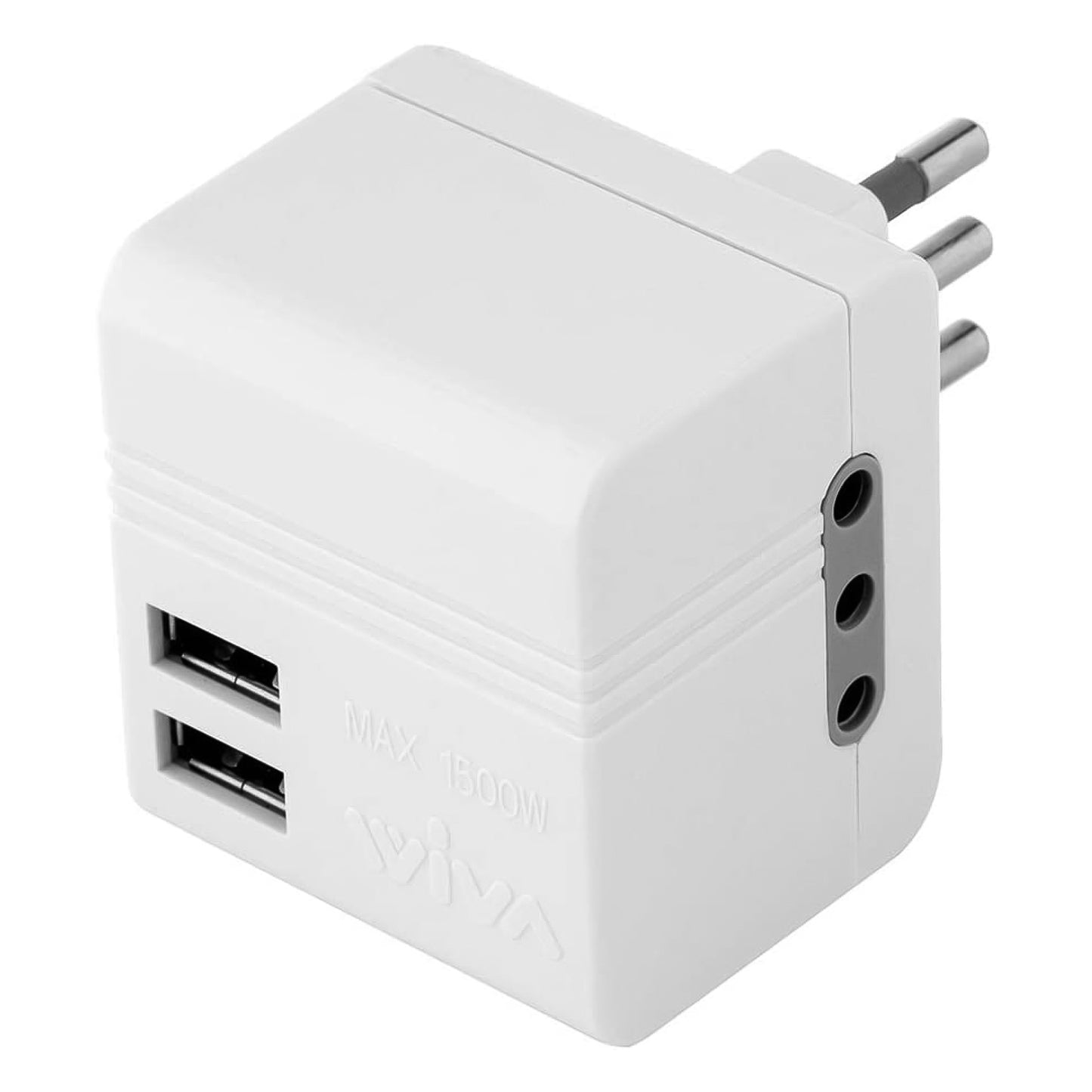 Wiva Cube Adapter Adaptateur peu encombrant avec 2 prises Bipass standard 16A 2P+T et deux ports USB, Max 1500W