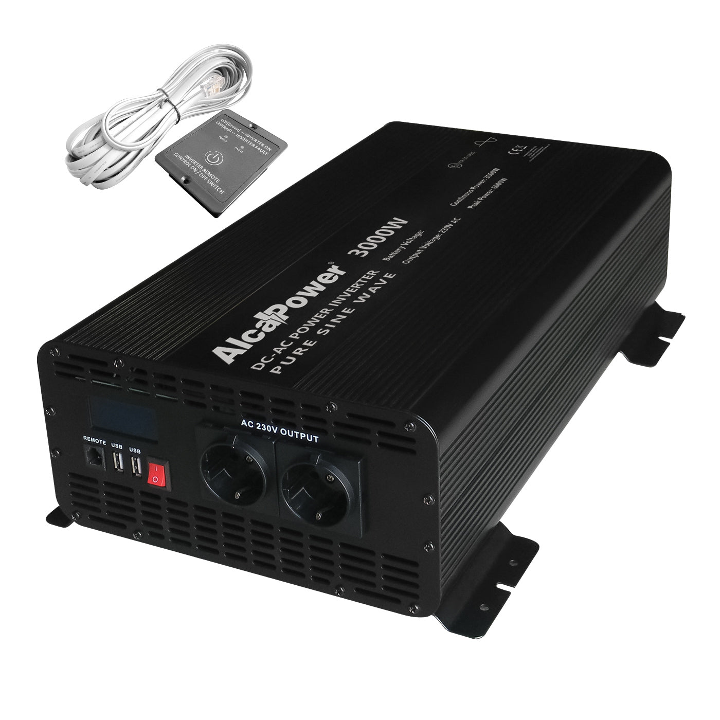 Alcapower 924231 Inverter sinusoidale onda pura 3000W, controllo remoto con cavo di 6m incluso e 2 prese USB, Input 24V Output 230V, display LCD, cavi inclusi