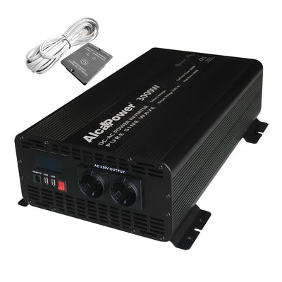 Alcapower 924231 Inverter sinusoidale onda pura 3000W, controllo remoto con cavo di 6m incluso e 2 prese USB, Input 24V Output 230V, display LCD, cavi inclusi
