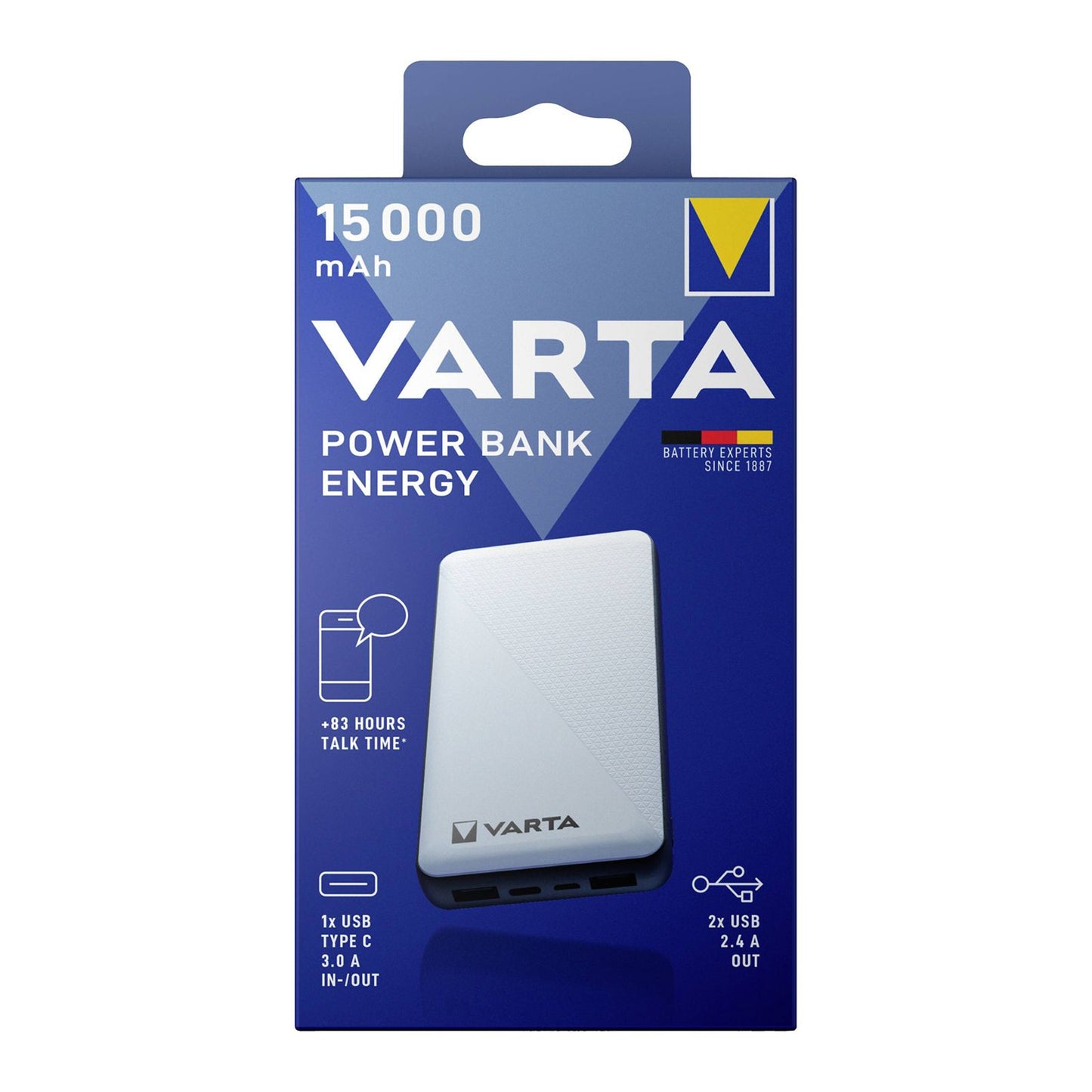 VARTA Power Bank 15,000mAh with one USB-C output and two USB-B outputs, fast charging, charges up to 3 devices simultaneously