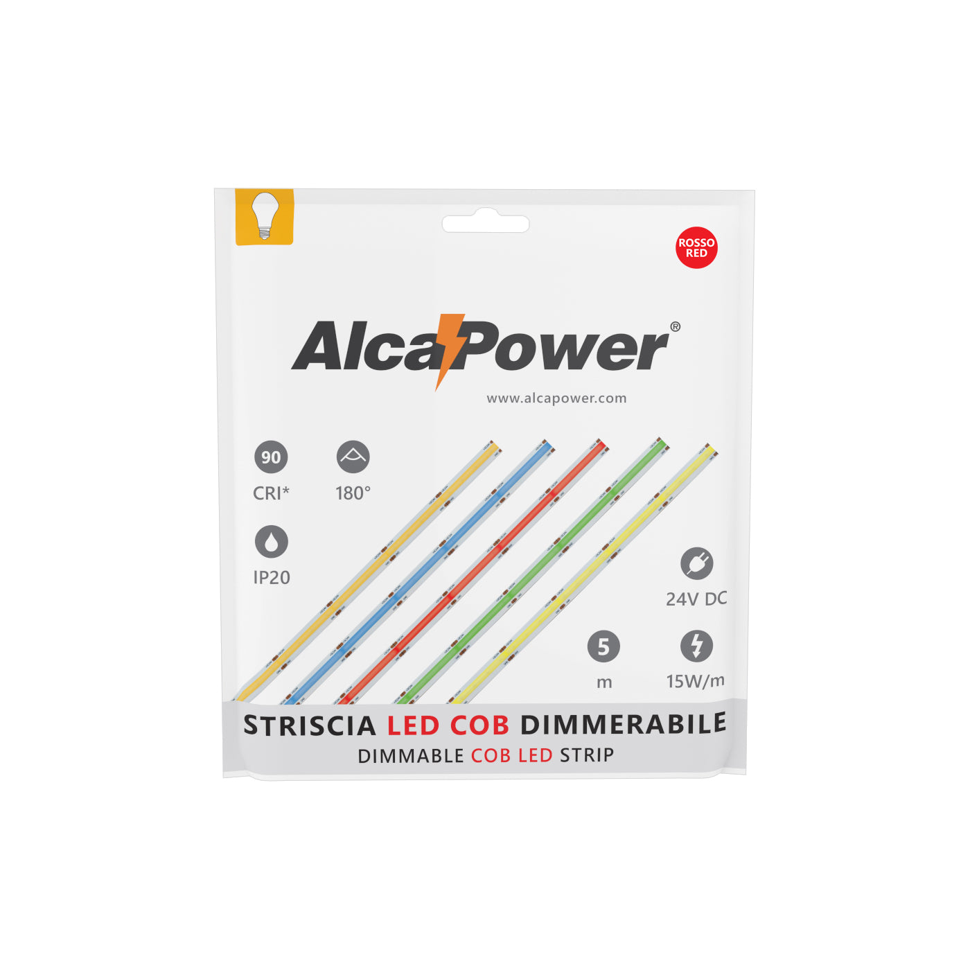 Alcapower Striscia LED COB con luce rossa, striscia LED 5m tagliabile, 15W/m, 24V