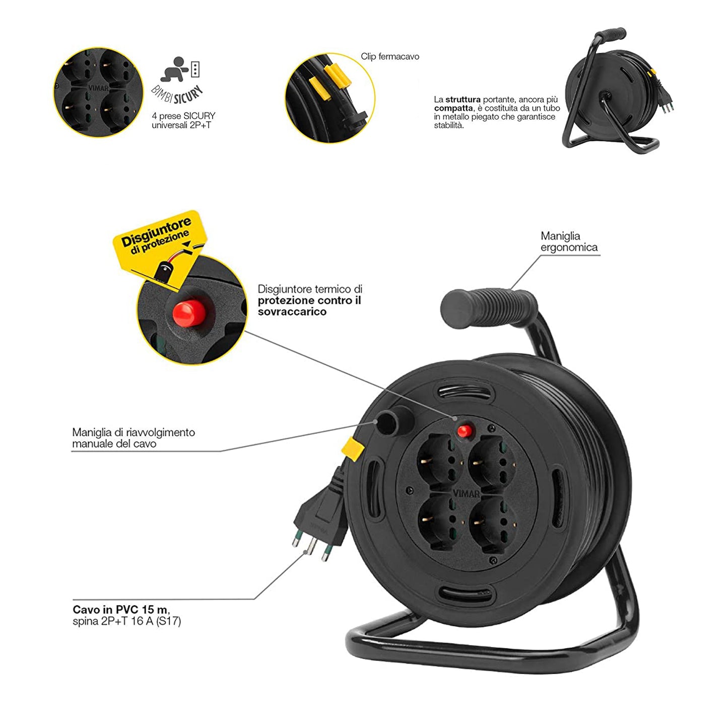 VIMAR Cable reel 16A 230V, with S17 2P+T plug and 4 P40 type universal sockets, 15m long cable, thermal circuit breaker for protection against overload