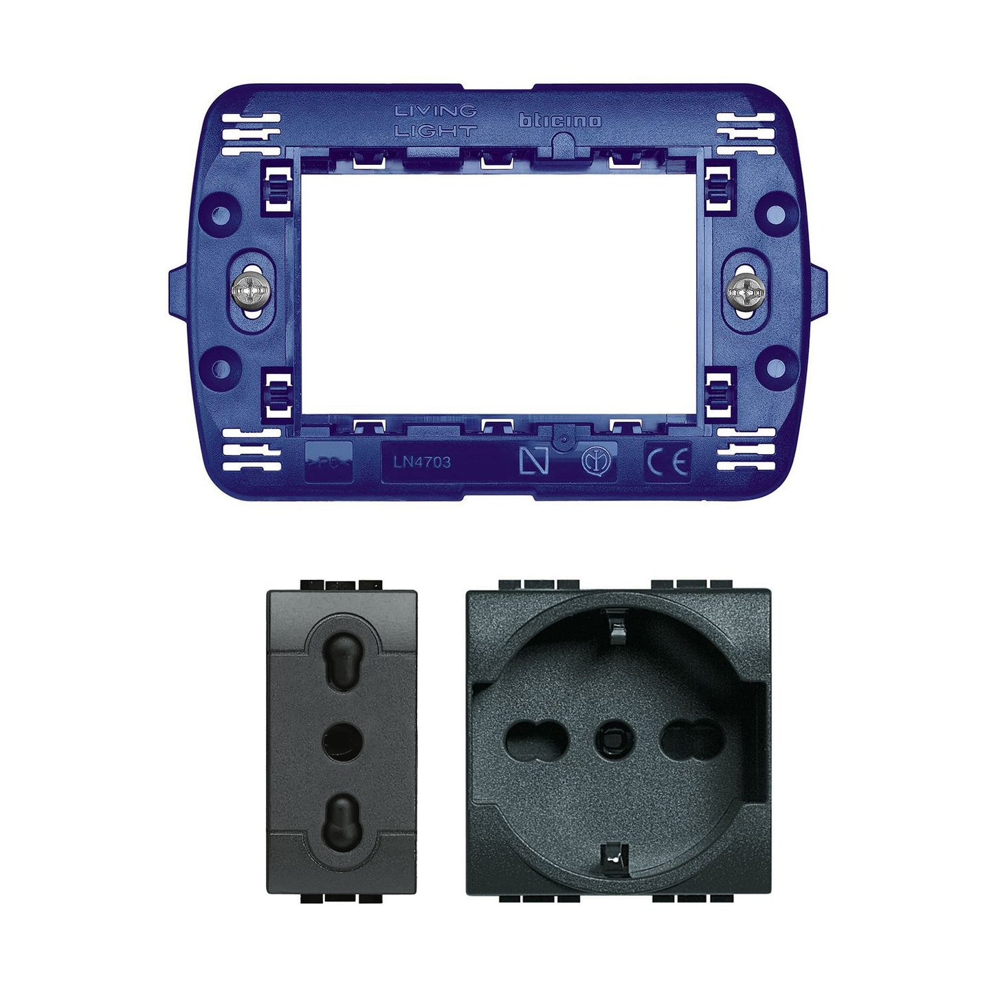 Bticino Set supporto a 3 moduli serie Livinglight,1 presa bipasso 2P+T 250 Vac 10/16A e 1 presa schuko bivalente L4140/16 Serie Civile Ticino Living (1 supporto, 1 presa bipasso e 1 presa schuko)