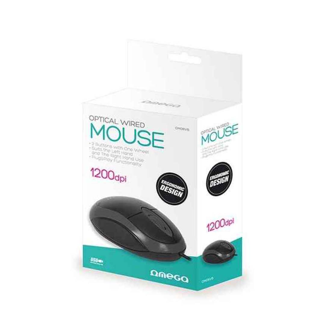 Omega mouse ottico con 3 pulsanti, optical wired mouse con filo e porta USB, ergonomico 1200 dpi per windows