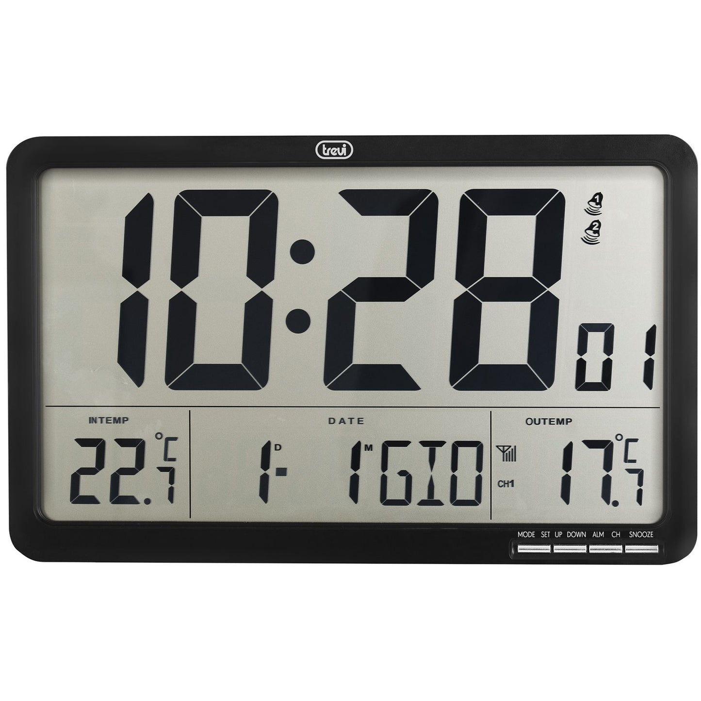 Trevi OM 3560 RC Orologio digitale da parete con display LCD, 33.7x18.8cm, radiocontrollato con sensore esterno, sveglia programmabile, calendario e termometro