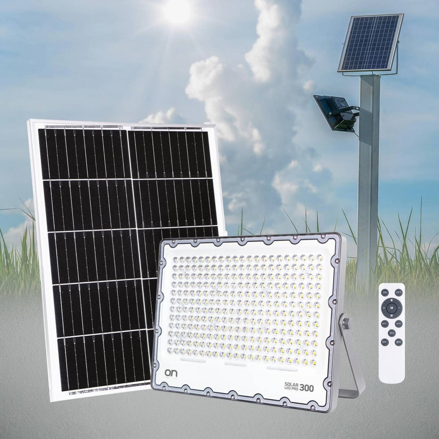 O.N Faretto solare da esterno con luce fredda, faro led con pannello solare e sensore per accensione automatica, lampada led da parete con fotovoltaico 4000K 3700lm