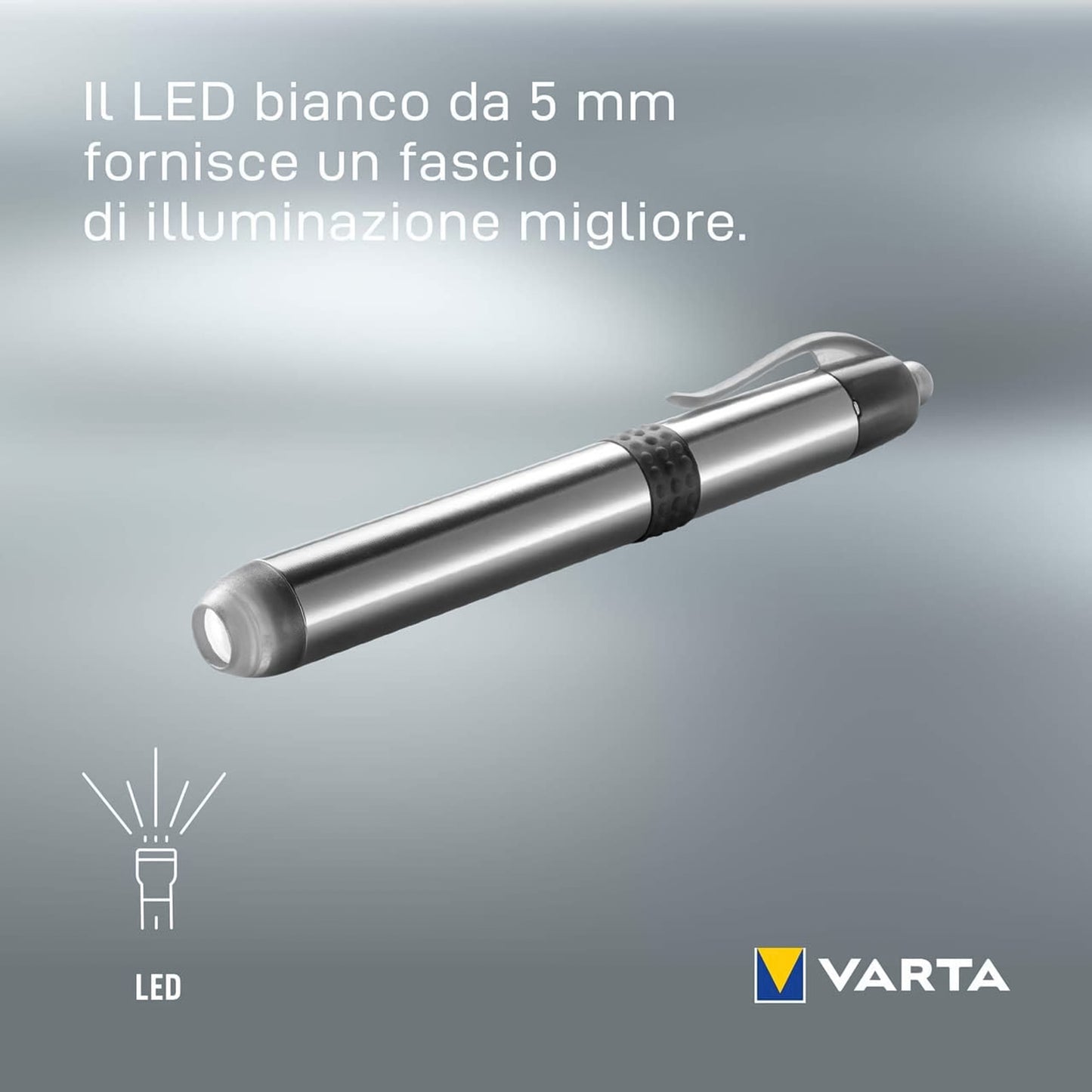 Varta Torcia LED pen light in alluminio, 3 Lumen, torcia stilo portatile con clip, 15 ore di autonomia, batteria Varta inclusa