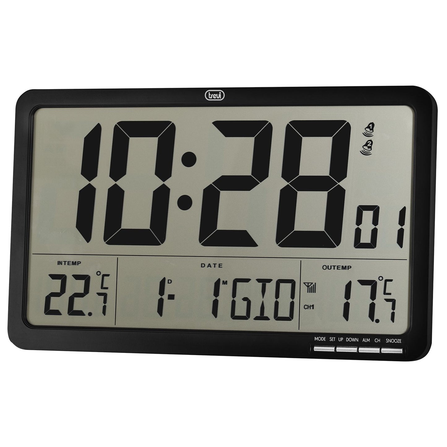 Trevi OM 3560 RC Orologio digitale da parete con display LCD, 33.7x18.8cm, radiocontrollato con sensore esterno, sveglia programmabile, calendario e termometro