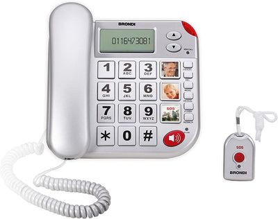 Brondi Telefono fisso per anziani con telecomando SOS, telefono con tasti grandi, rubrica parlante e suoneria amplificata