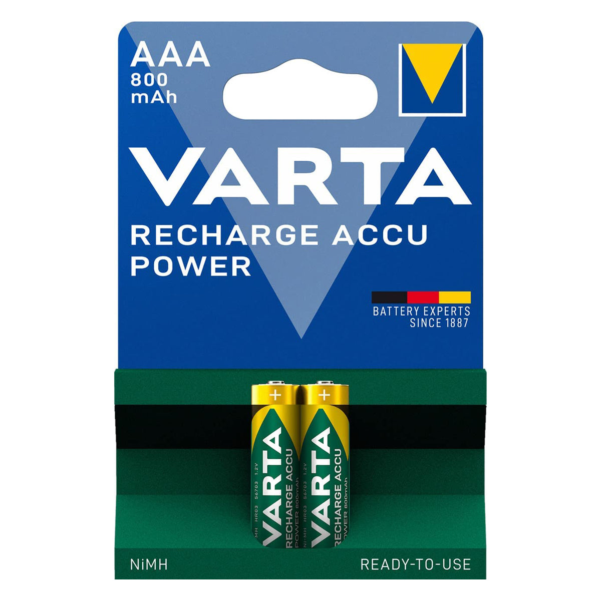 VARTA AAA Rechargeable Ready2Use rechargeable batteries pre-charged Micro Ni-Mh (pack of 2, 800mAh), rechargeable without memory effect, ready to use