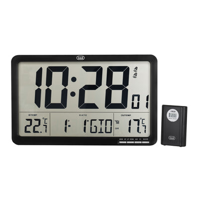 Trevi OM 3560 RC Orologio digitale da parete con display LCD, 33.7x18.8cm, radiocontrollato con sensore esterno, sveglia programmabile, calendario e termometro