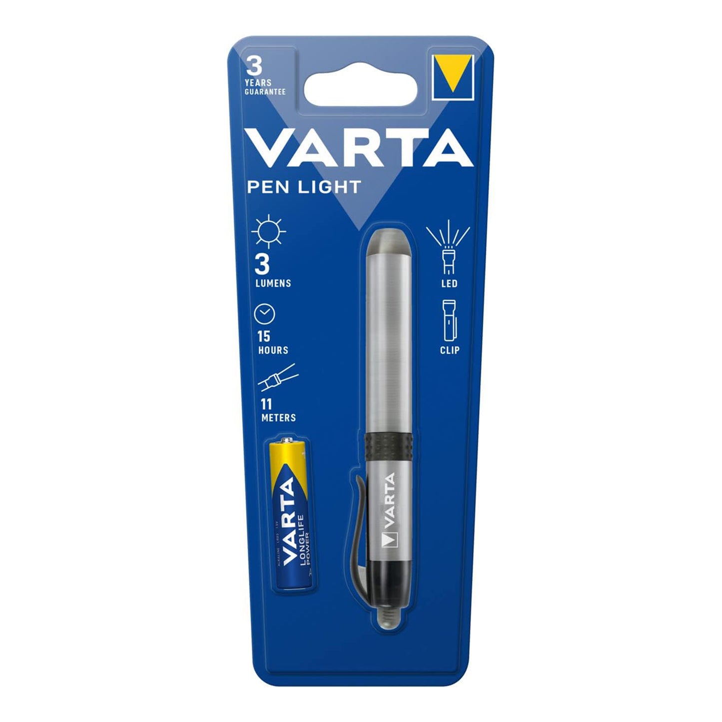 Lampe stylo LED Varta en aluminium, 3 Lumen, lampe stylo portable avec clip, 15 heures d'autonomie, batterie Varta incluse