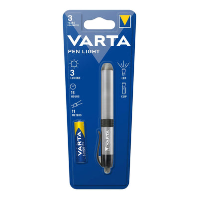 Varta LED pen light in aluminium, 3 Lumen, portable pen light with clip, 15 hours of battery life, Varta battery included