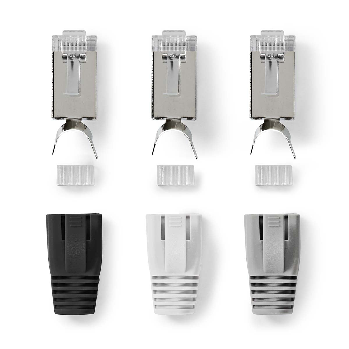 Jeu de connecteurs Nedis 10 pièces RJ45, fiche pour câbles réseau FTP CAT7, contacts plaqués, gaine incassable, gris, noir et blanc