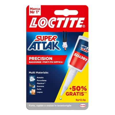 Loctite Super Attak Precision +50% gratis, colla liquida trasparente con beccuccio extra lungo, attaccatutto multimateriale, super colla 5+2,5 grammi