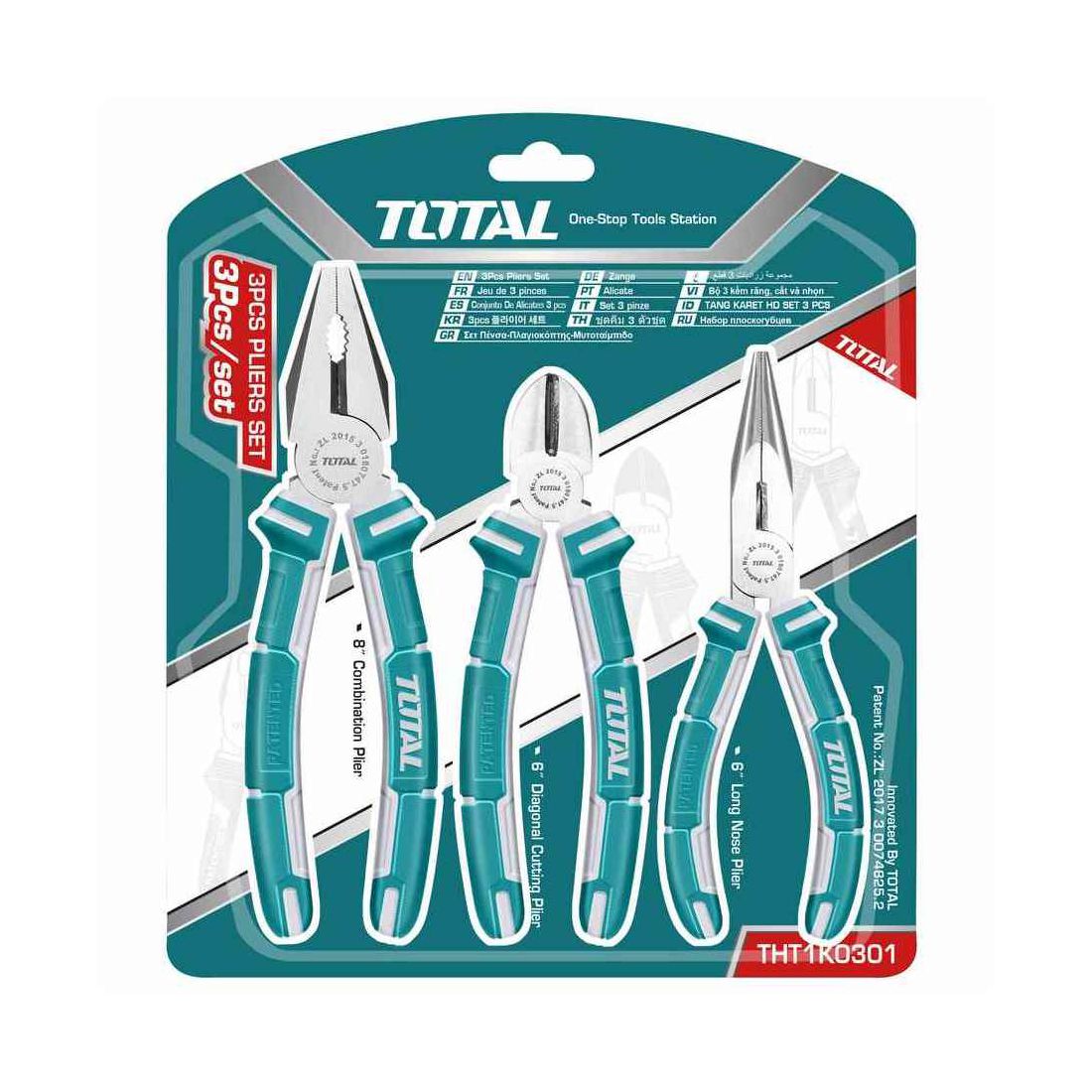 TOTAL Set 3 pinze professionali, pinza a becchi lunghi, tronchese e pinza combinata