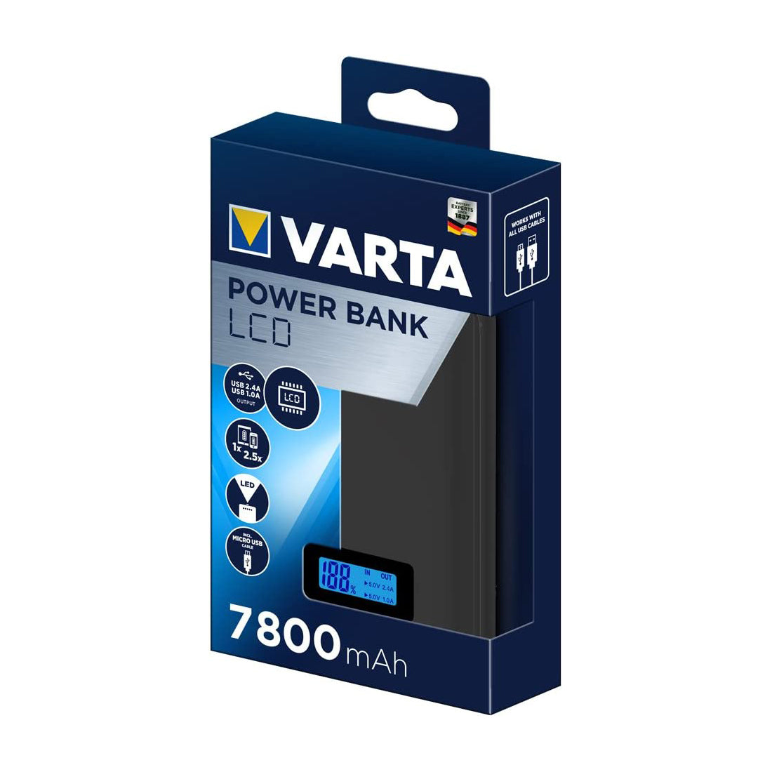 Varta 7800mAh Power bank with LED display for charging status indication, Li-Ion portable charger with Micro USB port, anthracite color