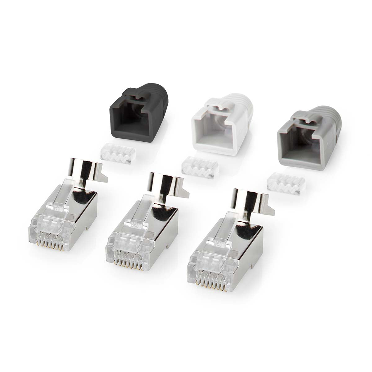 Nedis set 10 pezzi connettori RJ45, plug per cavi di rete CAT7 FTP, contatti placcati, guaina antirottura, grigio, nero e bianco