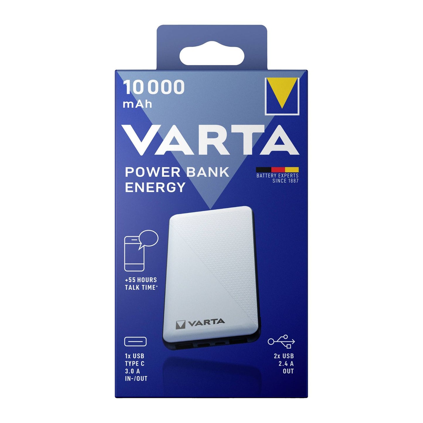 VARTA Power Bank 10,000mAh with one USB-C output and two USB-B outputs, fast charging, charges up to 3 devices simultaneously