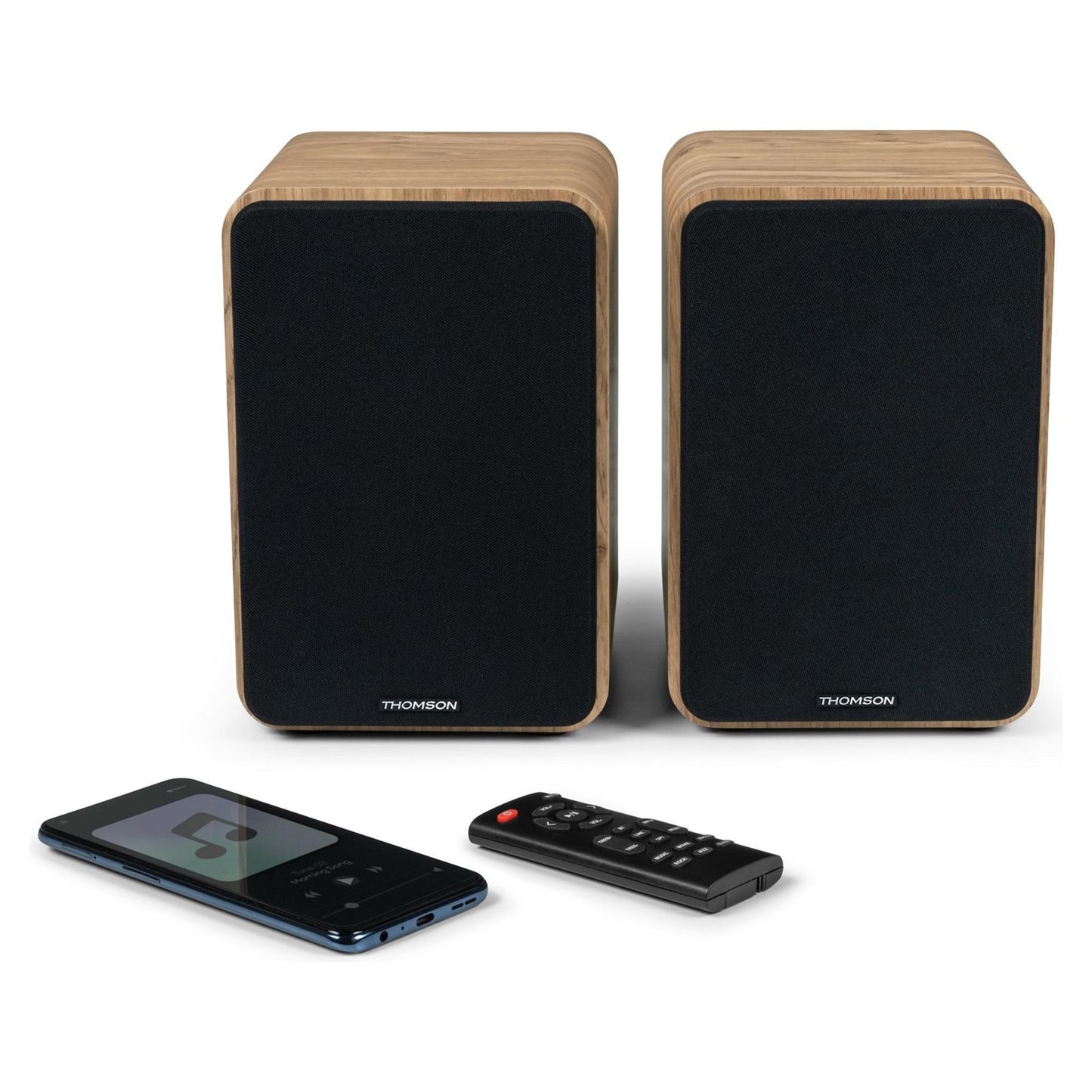 Thomson WS602 Duo, Set altoparlanti in legno con telecomando, potenza 100W, speaker bluetooth 5.0, casse per giradischi, impianto audio stereo