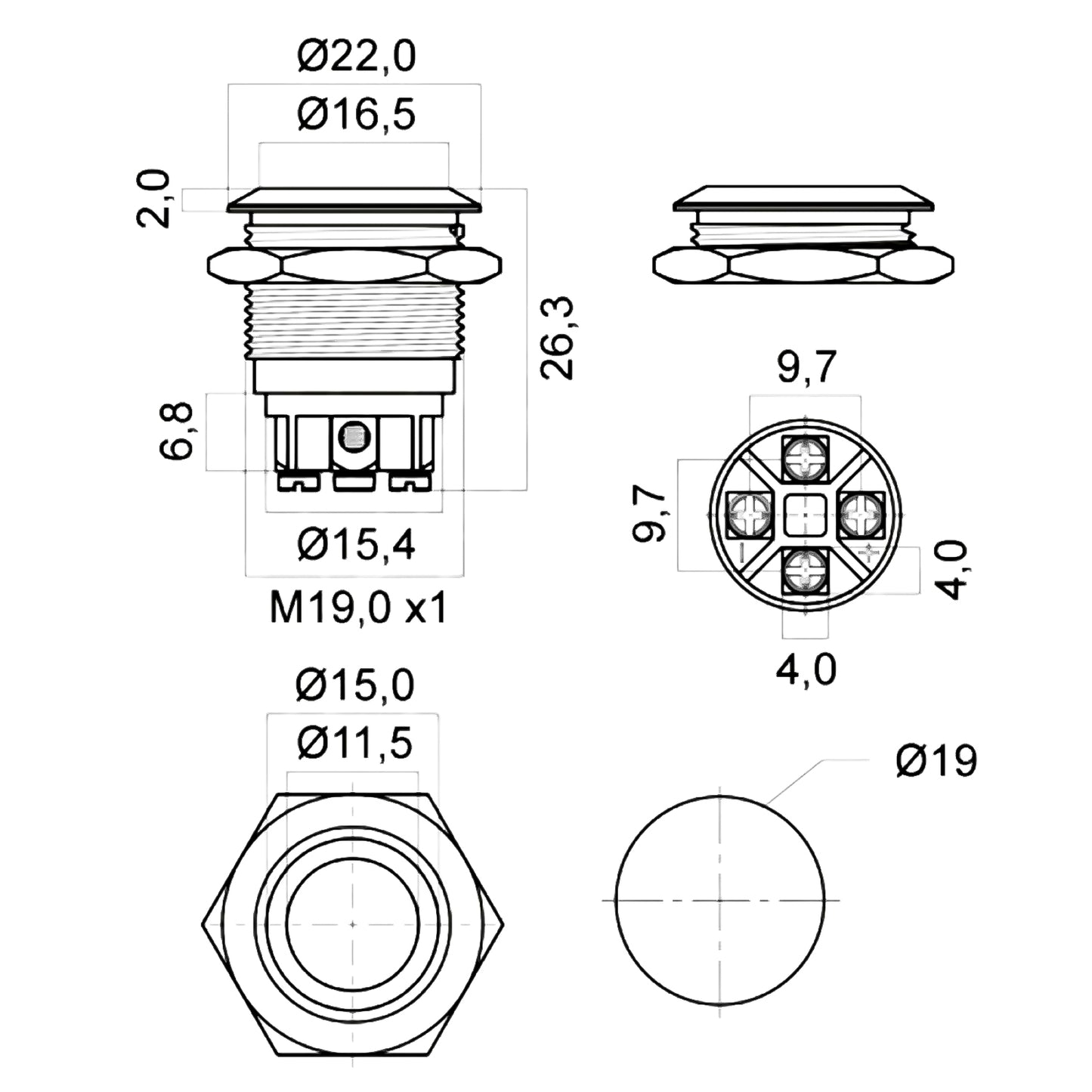 Alpha Elettronica Pulsante luminoso momentaneo antivandalo ø19mm in acciaio, 1 polo, OFF/ON, pulsante normalmente aperto con 4 terminali a vite