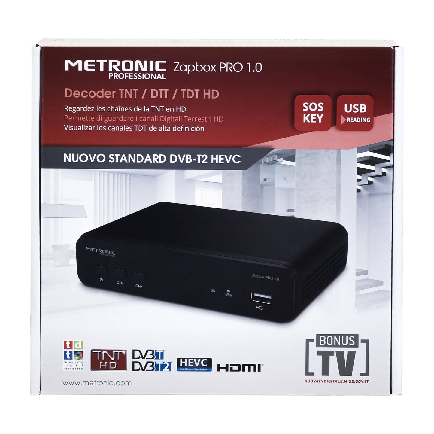 Metronic Zapbox PRO 1.0 Digitale terrestre DVB T2 con telecomando, Decoder con lettore USB, porta HDMI e presa SCART, Dolby Audio, sintonizza canali HD