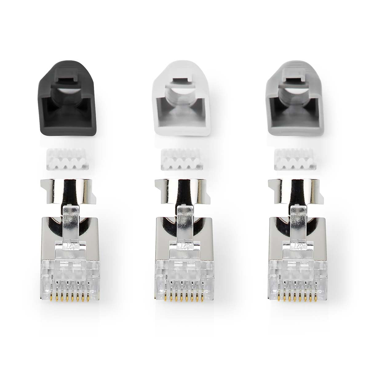 Jeu de connecteurs Nedis 10 pièces RJ45, fiche pour câbles réseau FTP CAT7, contacts plaqués, gaine incassable, gris, noir et blanc