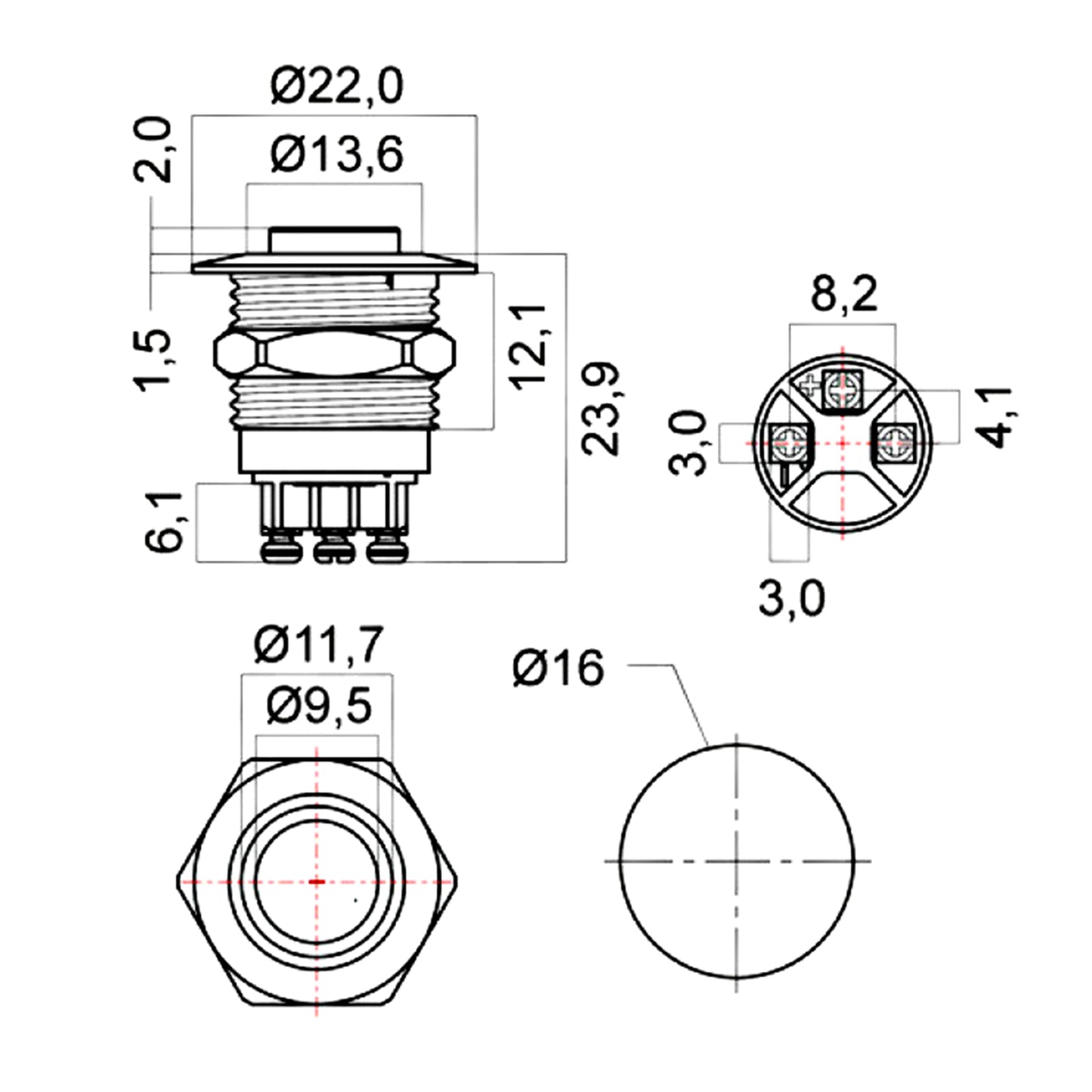 Alpha Elettronica Pulsante luminoso momentaneo antivandalo ø16mm in acciaio, 24V, 1 polo, OFF/ON, pulsante normalmente aperto con 3 terminali a vite