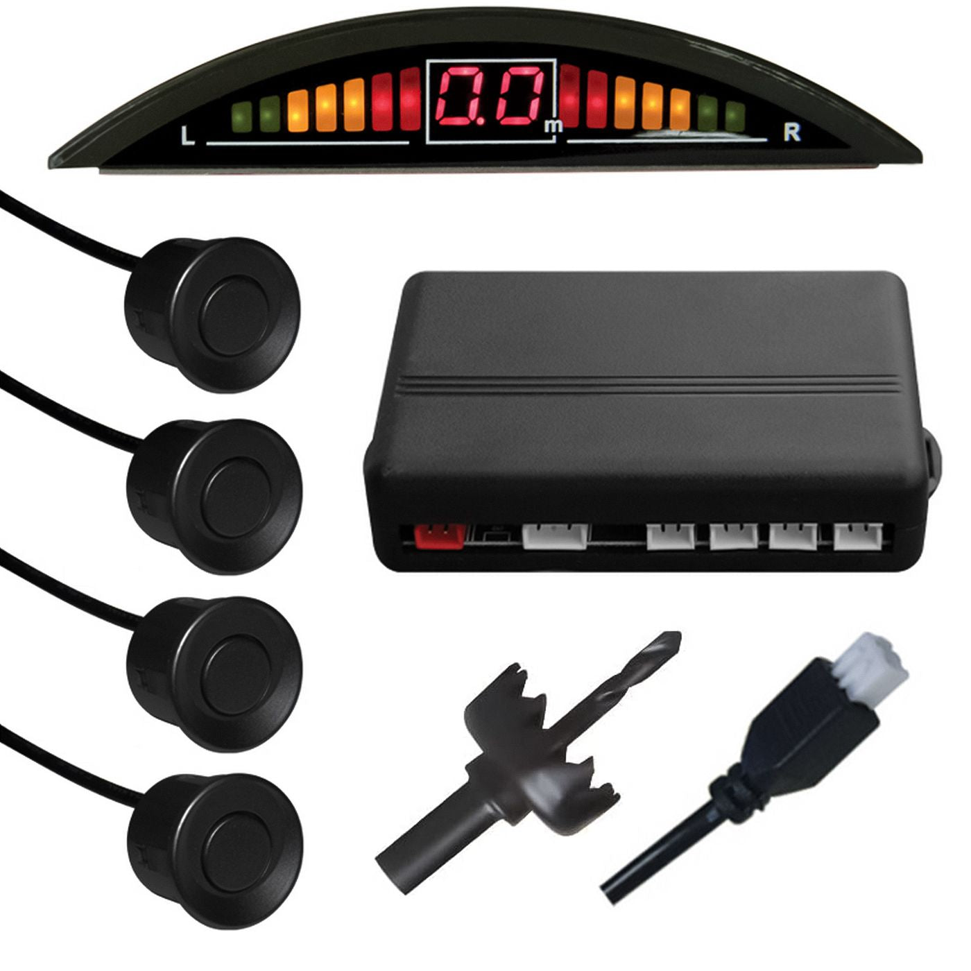 Alcapower 970051 Kit of 4 reverse parking sensors, digital display with LED indicators and acoustic warning, 15 meter cable, integrated control unit