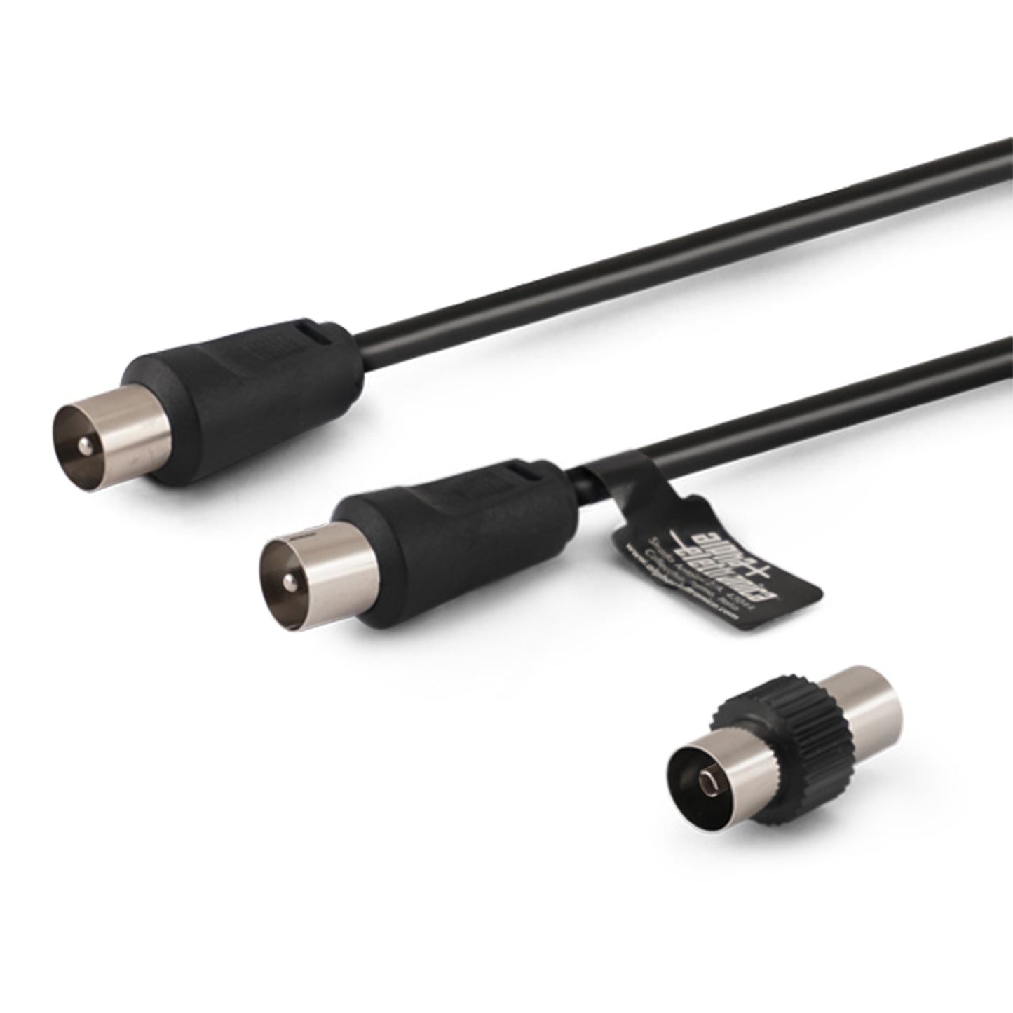 Alpha Elettronica Cavo coassiale da 2 metri con spina TV coax Ø9.5mm e presa TV coax Ø9.5mm, adattatore M/M incluso, colore nero