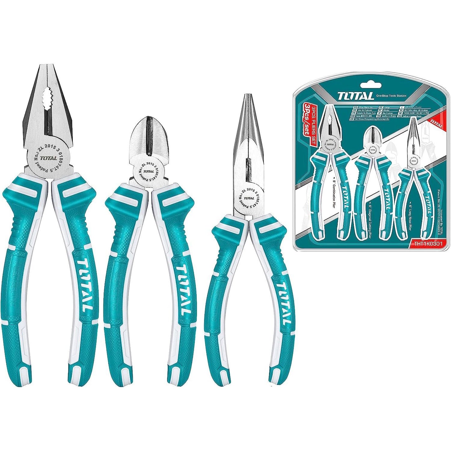 TOTAL Set of 3 professional pliers, long nose pliers, wire cutters and combined pliers