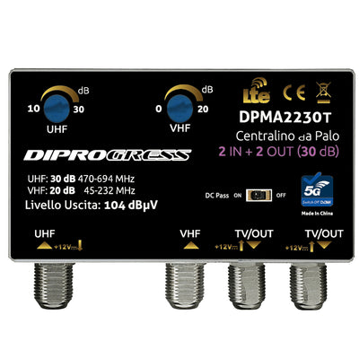 Diprogress Centralina da palo 2 in 1 out +30dB, filtro LTE 5G, 12V DC, 2/3 Ingressi – 1/2 Uscite