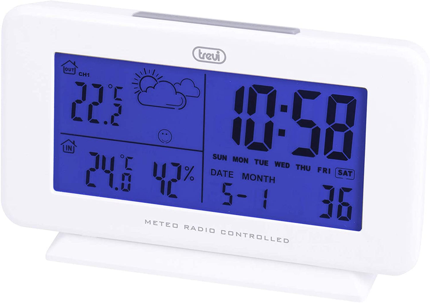 Trevi Stazione Meteo Radiocontrollata con Sensore Esterno Senza Fili, Temperatura, Sveglia/Calendario, bianco