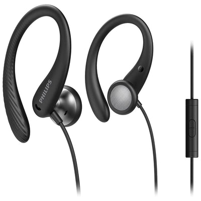 Philips Cuffie con filo per fitness e sport, auricolari con microfono, IPX2 resistenti a sudore e schizzi, supporti orecchio flessibili, comando con pulsante, nero