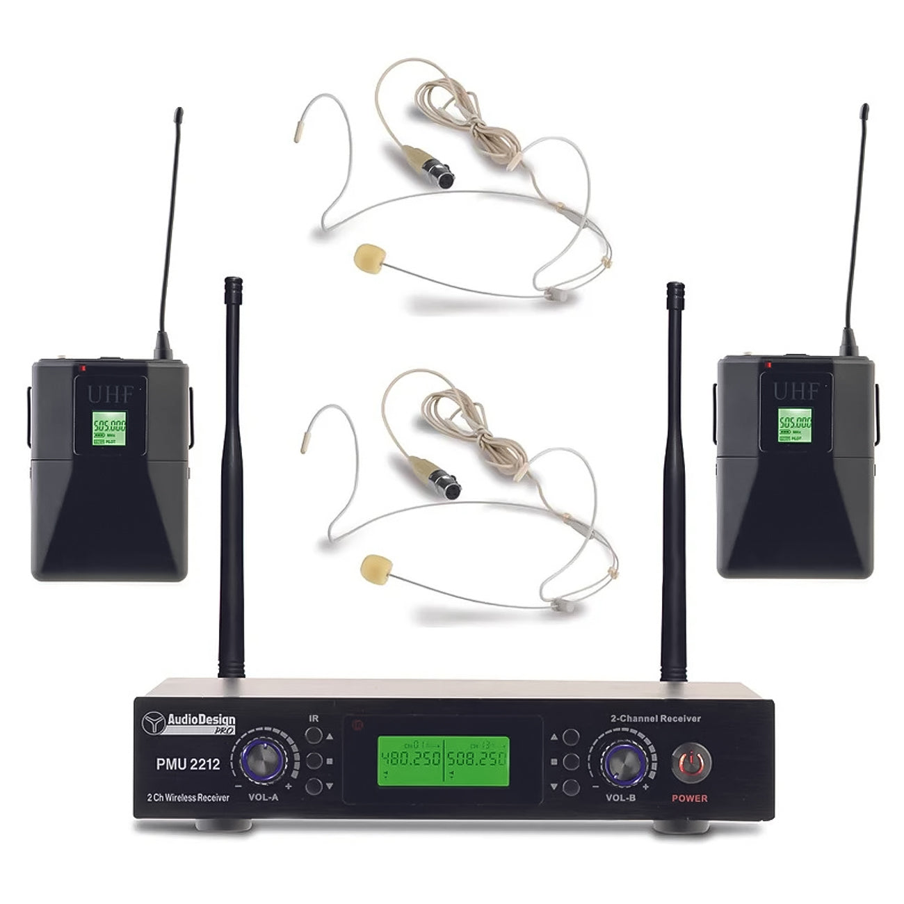 AudioDesign PRO PMU 2212BP Set centralina e 2 microfoni ad archetto UHF, kit radiomicrofono palmare professionale, microfono wireless con body pack