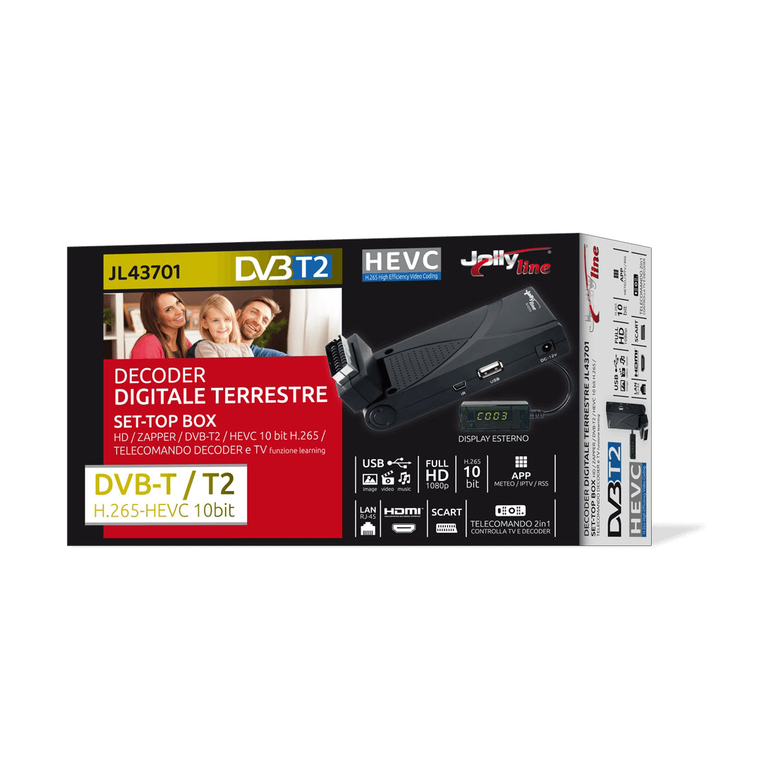 Decoder Digitale Terrestre SCART DVB-T/T2 H.265-HEVC 10bit, con telecomando