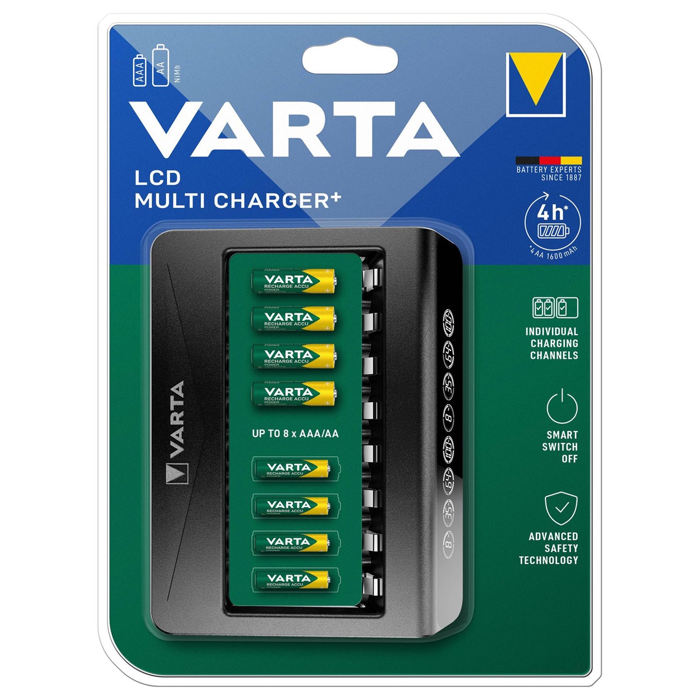 Chargeur Varta pour AA et AAA, 8 emplacements, charge les piles AA et AA en 4 heures, écran LCD avec pourcentage de charge