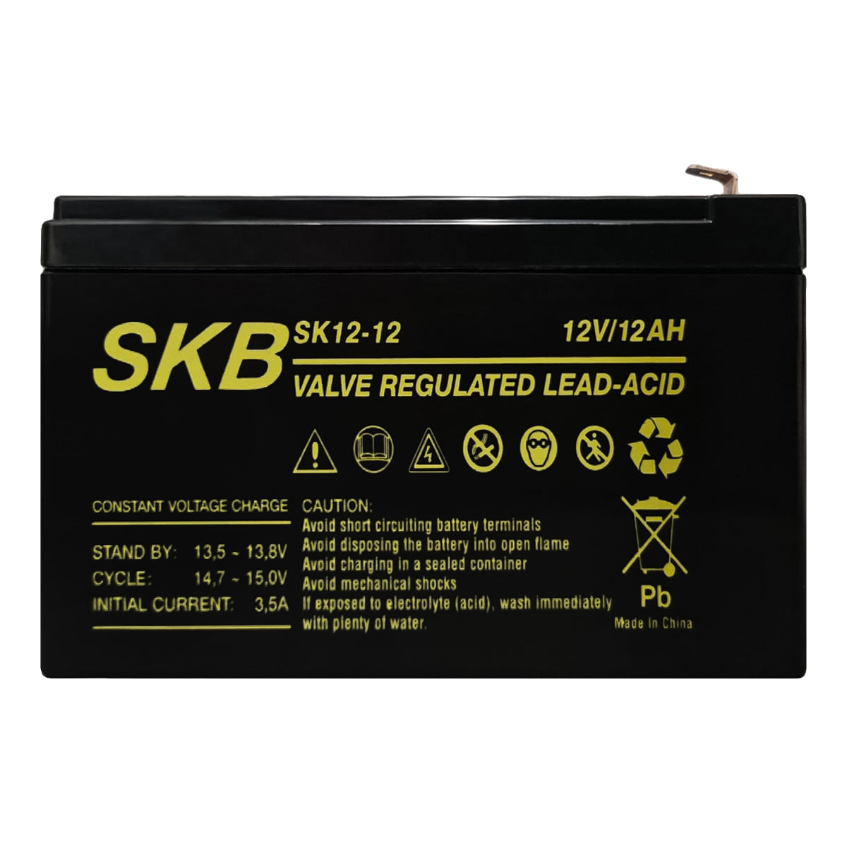 SKB SK12-12 lead acid battery, SK series 12V 12AH rechargeable battery, AGM flat plate technology regulated with valve