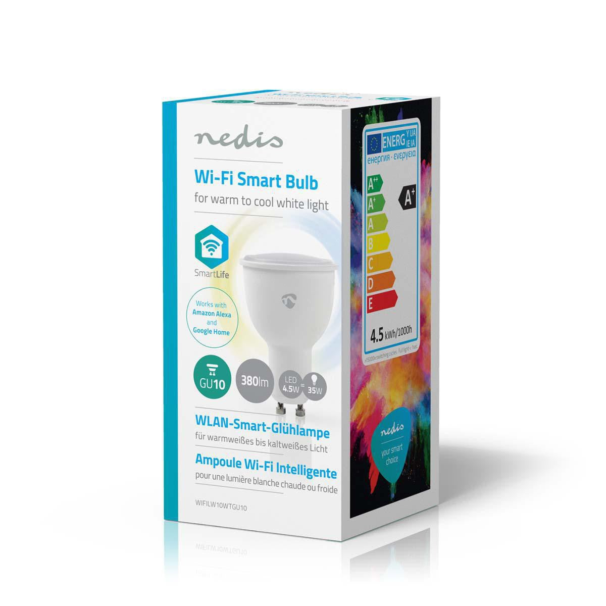 Ampoule LED intelligente Wi-Fi réglable Nedis, lumière blanche chaude à froide, culot GU10, compatible avec Amazon Alexa et Google Home